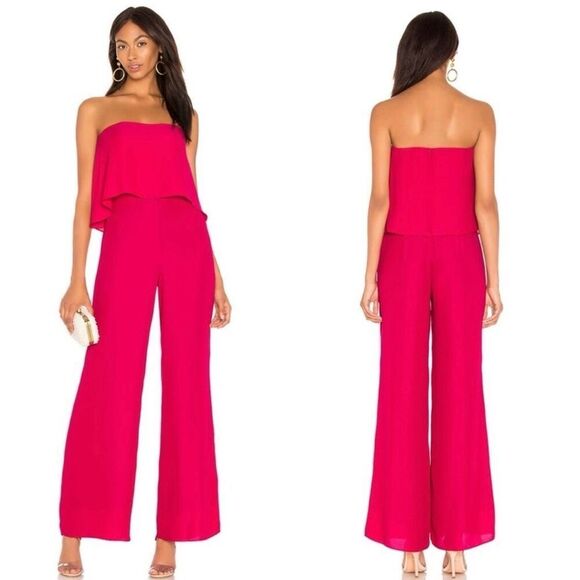 Revolve Amanda Uprichard Topanga Cherise Pink Strapless Flounce Jumpsuit M - Picture 1 of 13